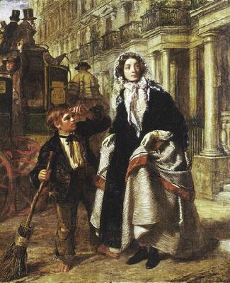 William Powell Frith Lady waiting to cross a street, with a little boy crossing-sweeper begging for money. China oil painting art